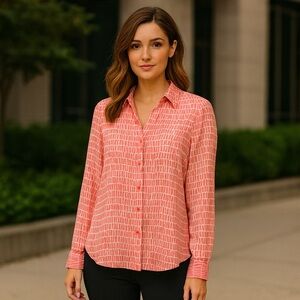 The Limited Ashton Coral Geometric‎ Print Blouse Size M Button Front Long Sleeve